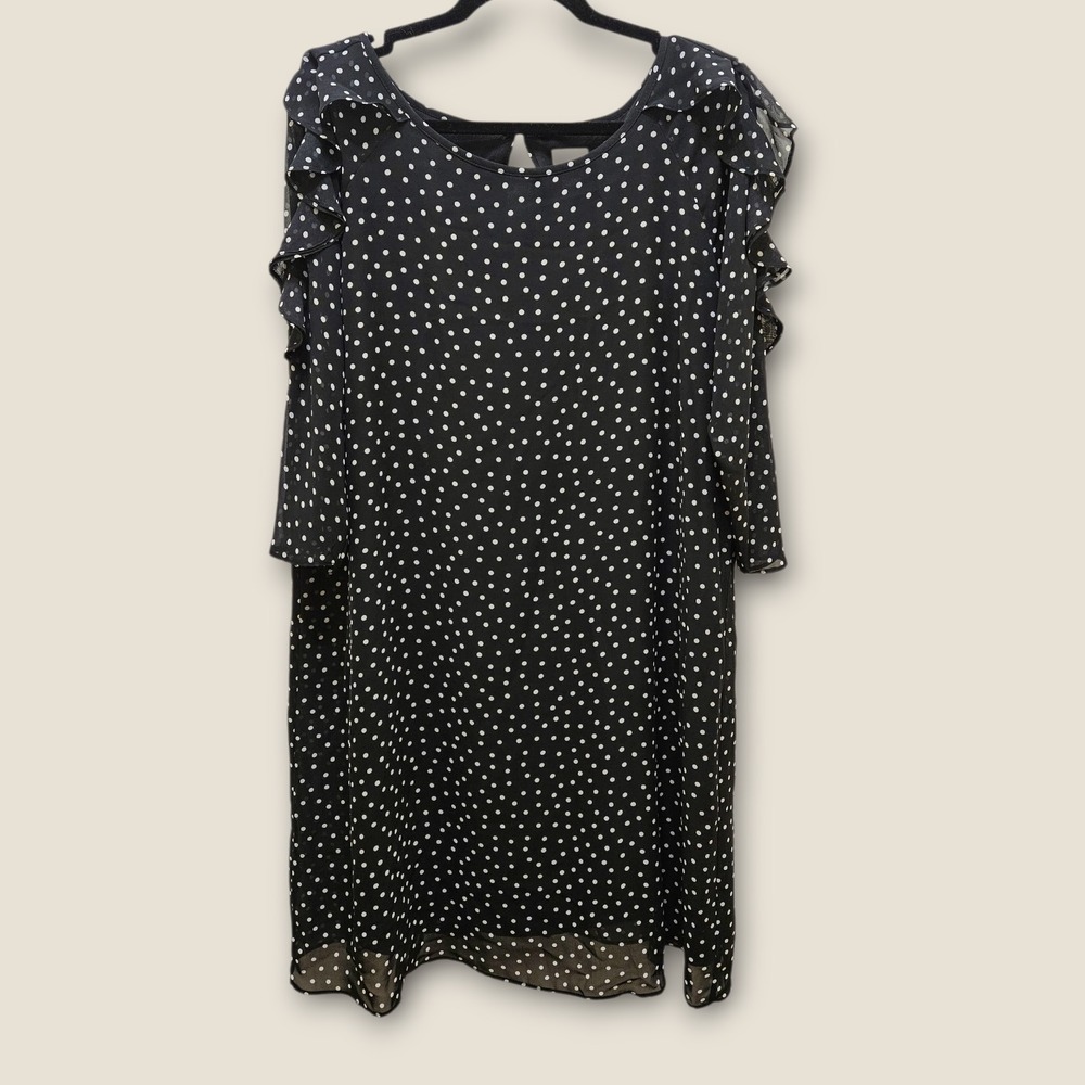 Chico's Black Polka Dot Dress‎ Ruffle Sleeve Sheer Overlay Knee Length Womens 1